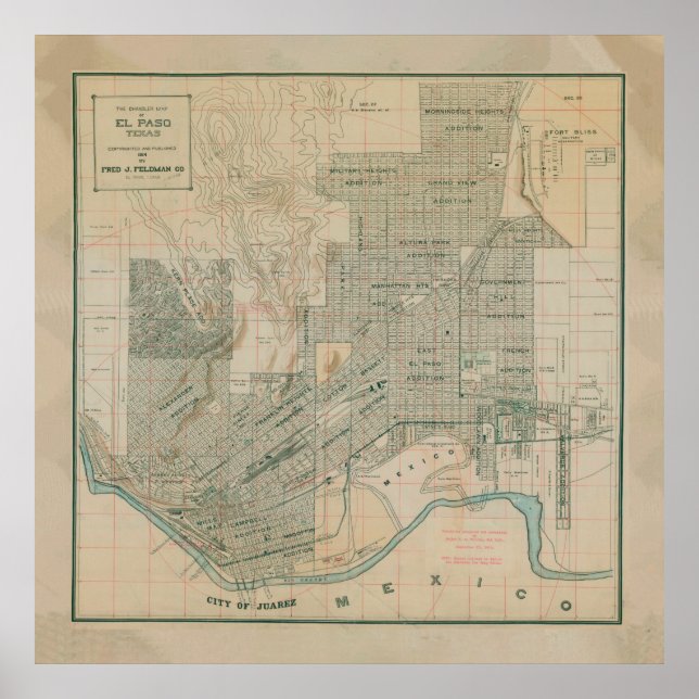 Póster Mapa de época de El Paso TX (1914) (Frente)