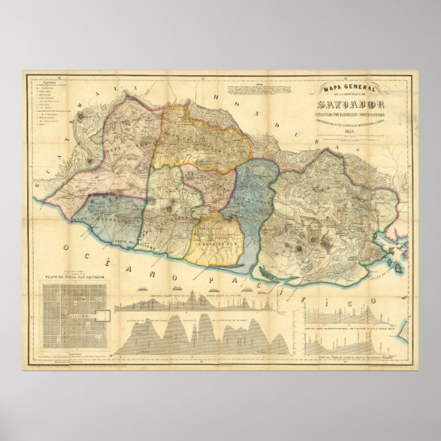 Póster Mapa de época de El Salvador (1858) (Frente)