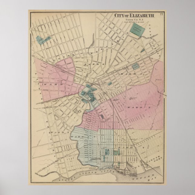Póster Mapa de época de Elizabeth New Jersey (1872) (Frente)