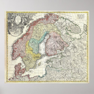 Póster Mapa de época de Escandinavia (1730)