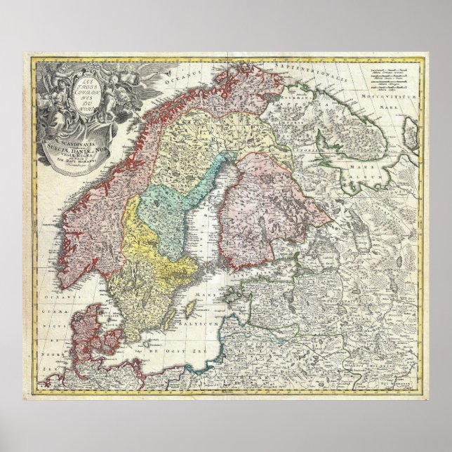 Póster Mapa de época de Escandinavia (1730) (Frente)