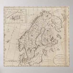 Póster Mapa de época de Escandinavia (1800)