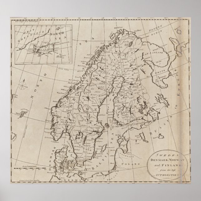 Póster Mapa de época de Escandinavia (1800) (Frente)