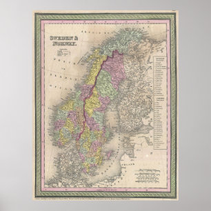Póster Mapa de época de Escandinavia (1850)