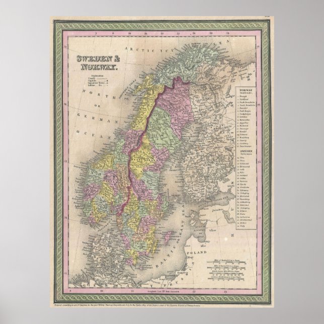 Póster Mapa de época de Escandinavia (1850) (Frente)