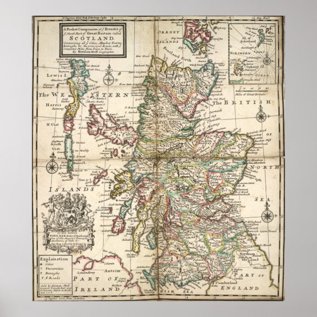 Póster Mapa de época de Escocia (1718) (Frente)