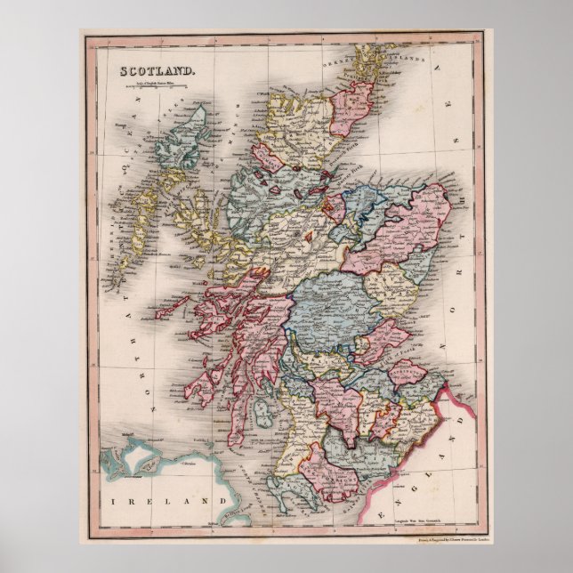 Póster Mapa de época de Escocia (1832) (Frente)
