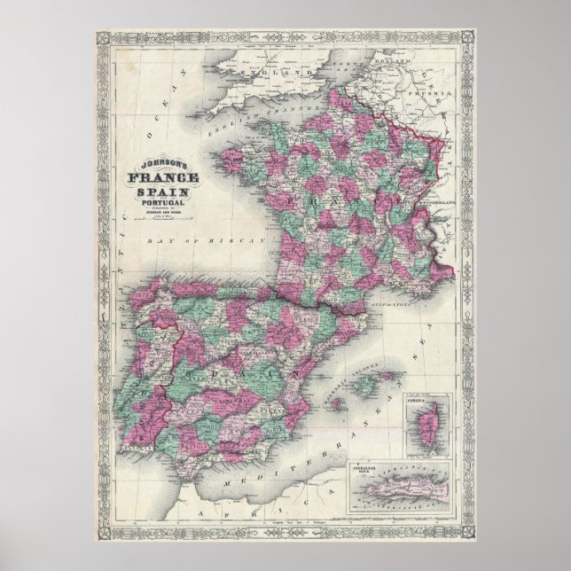 Póster Mapa de época de España y Francia (1865) (Frente)