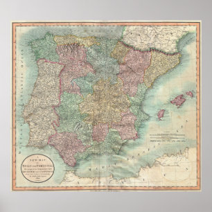 Póster Mapa de época de España y Portugal (1801)