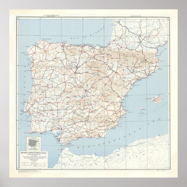 Póster Mapa de época de España y Portugal (1943) (Frente)