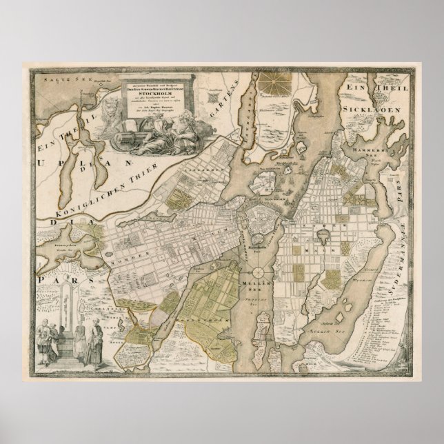 Póster Mapa de época de Estocolmo Suecia (1720) (Frente)