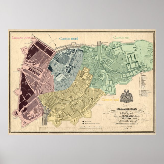 Póster Mapa de época de Estrasburgo Francia (1870) (Frente)