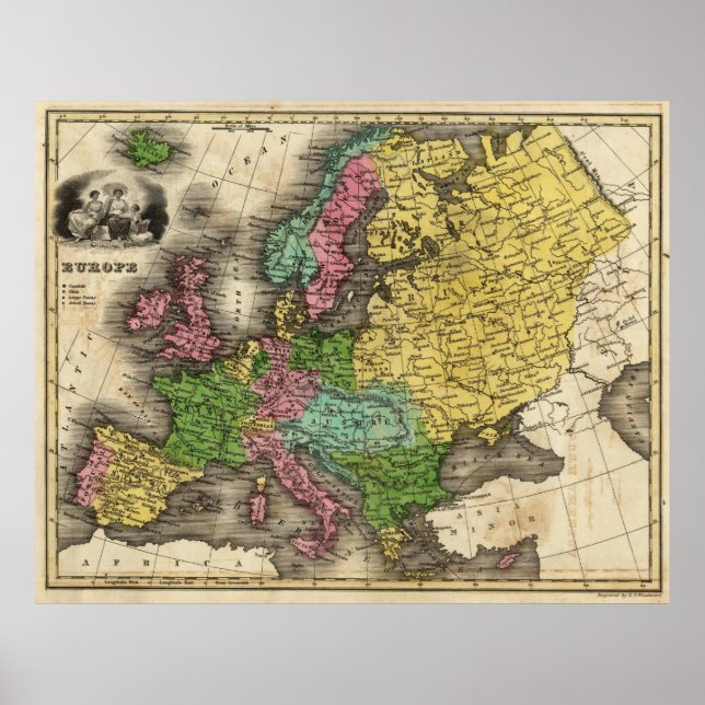 Póster Mapa de época de Europa (1842) (Frente)