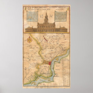 Póster Mapa de época de Filadelfia Pennsylvania (1750)