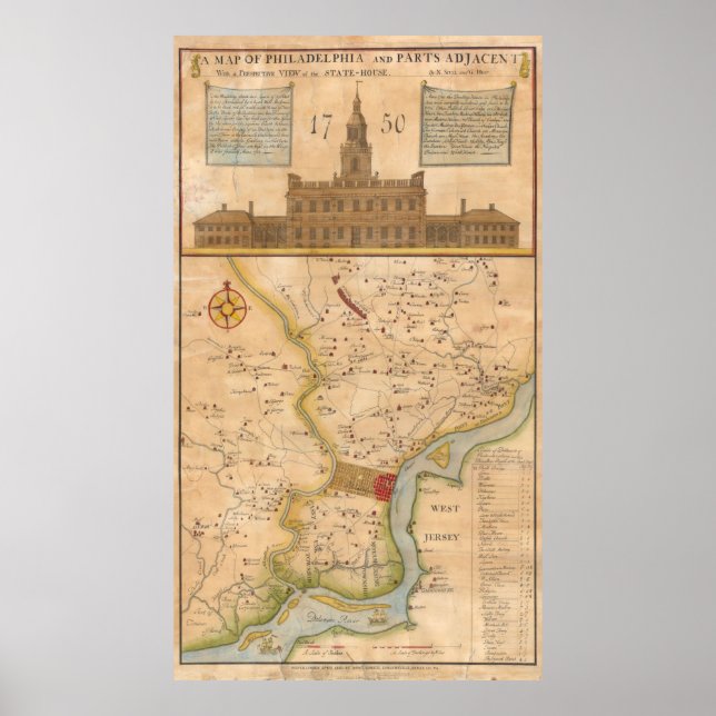 Póster Mapa de época de Filadelfia Pennsylvania (1750) (Frente)