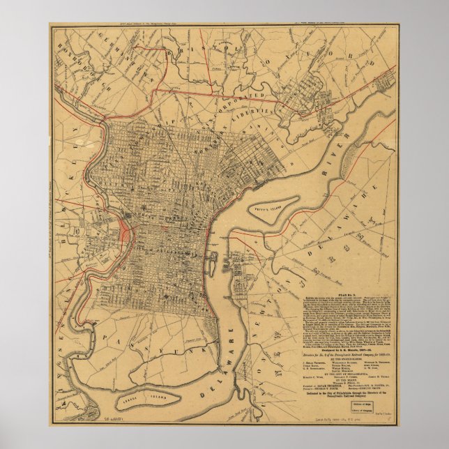 Póster Mapa de época de Filadelfia Pennsylvania (1857) (Frente)