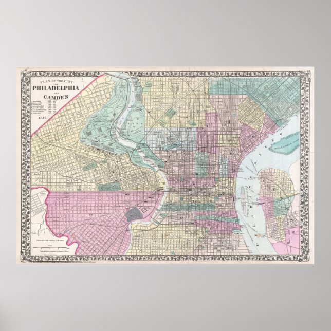 Póster Mapa de época de Filadelfia Pennsylvania (1876) (Frente)