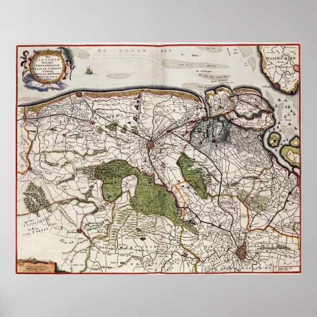 Póster Mapa de época de Flandes Bélgica (siglo XVII) (Frente)