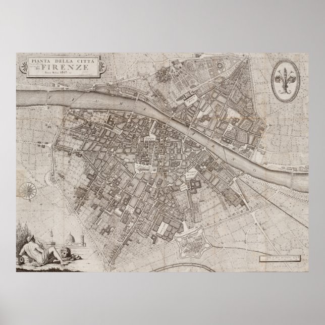 Póster Mapa de época de Florencia Florencia Italia 1847 (Frente)