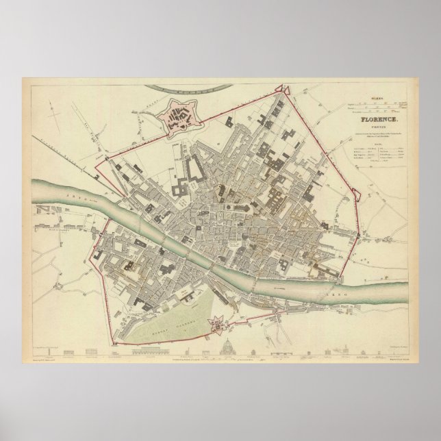 Póster Mapa de época de Florencia Italia (1835) (Frente)