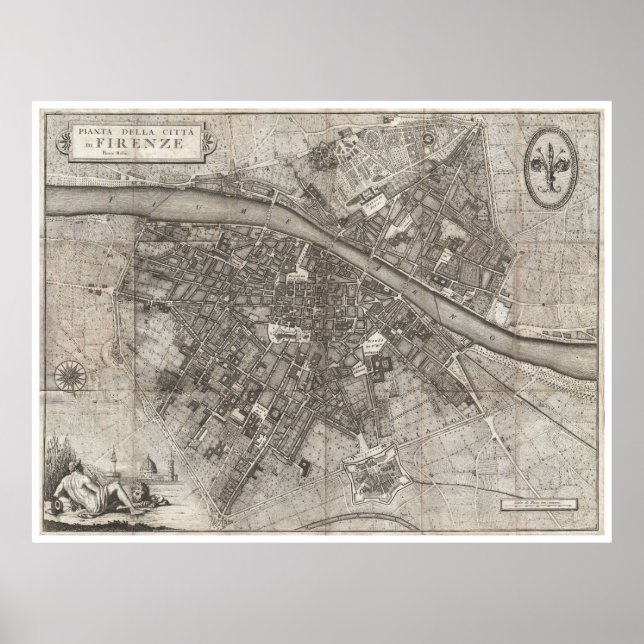 Póster Mapa de época de Florencia Italia (1847) (Frente)