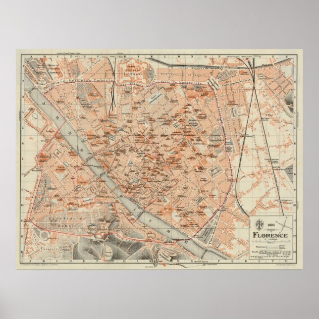 Póster Mapa de época de Florencia Italia (1895) (Frente)