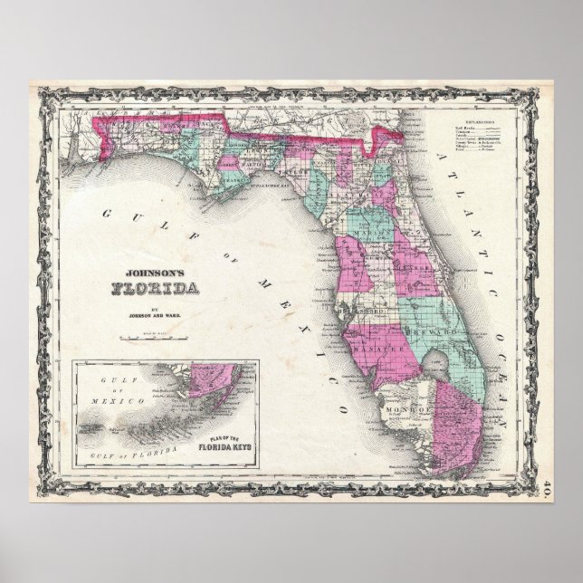 Póster Mapa de época de Florida (Frente)