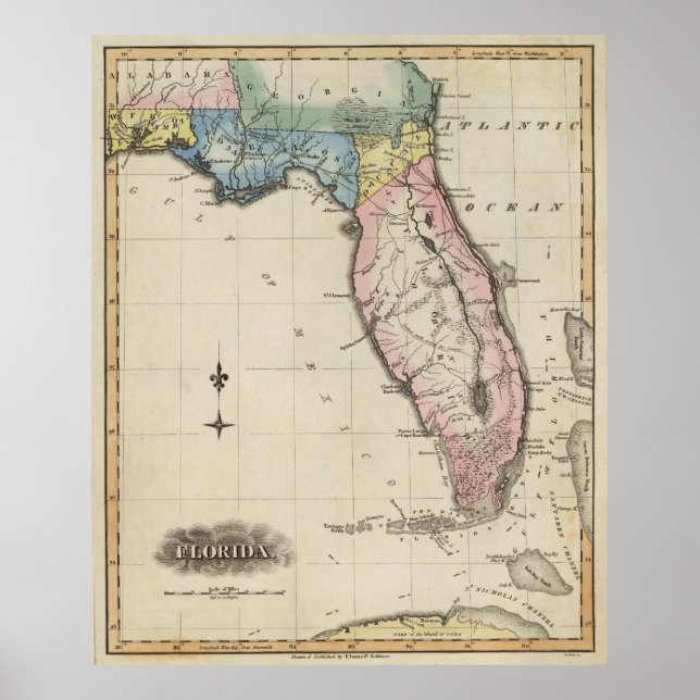 Póster Mapa de época de Florida (1823) (Frente)