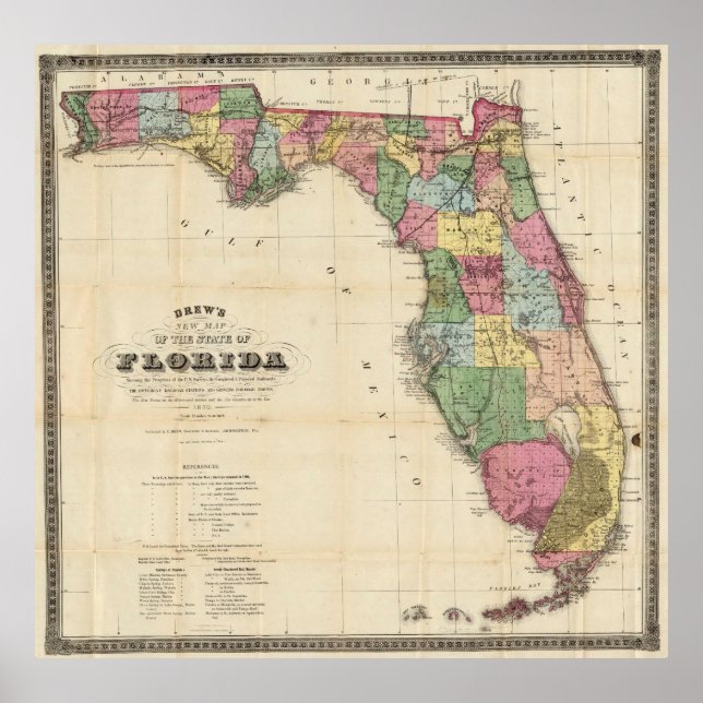 Póster Mapa de época de Florida (1870) (Frente)