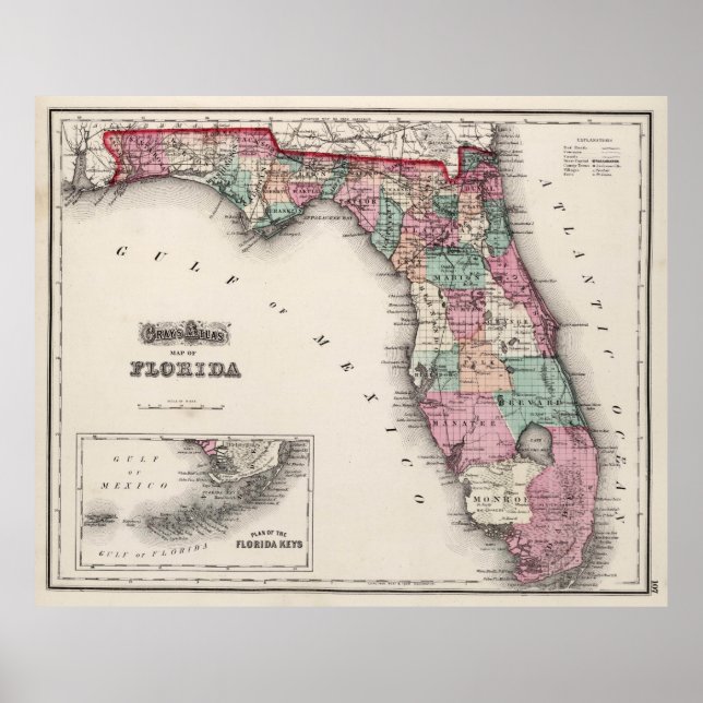 Póster Mapa de época de Florida (1873) (Frente)