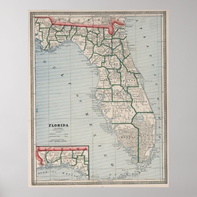 Póster Mapa de época de Florida (1883) (Frente)