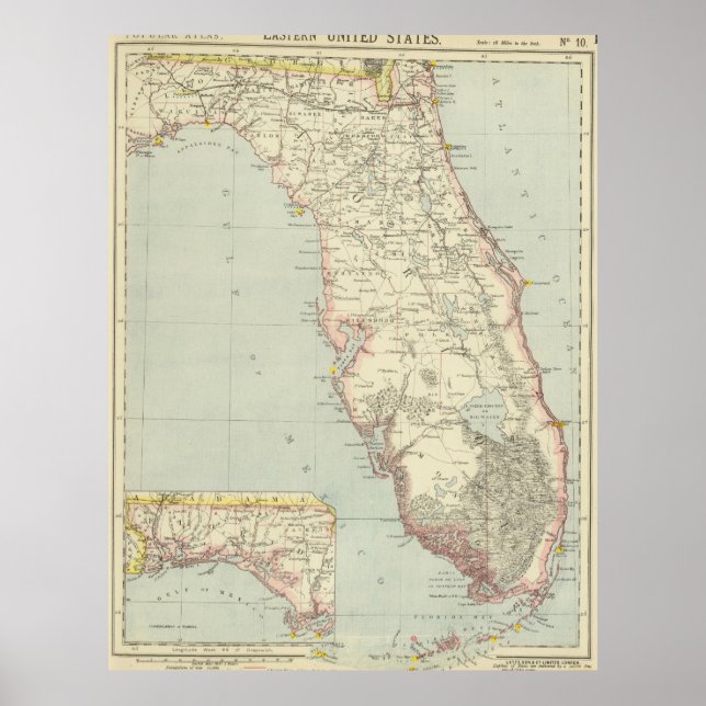 Póster Mapa de época de Florida (1883) 2 (Frente)