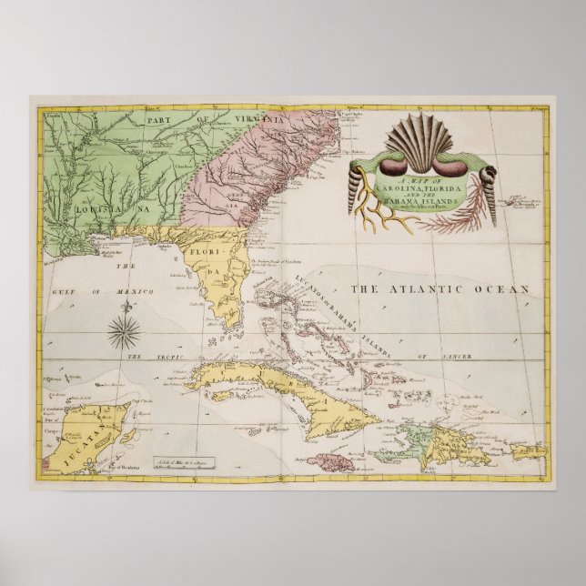 Póster Mapa de época de Florida y Bahamas (Frente)