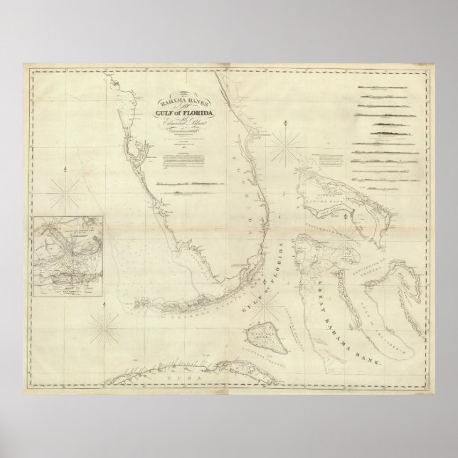Póster Mapa de época de Florida y Bahamas (1827) (Frente)