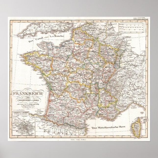 Póster Mapa de época de Francia (1850) (Frente)