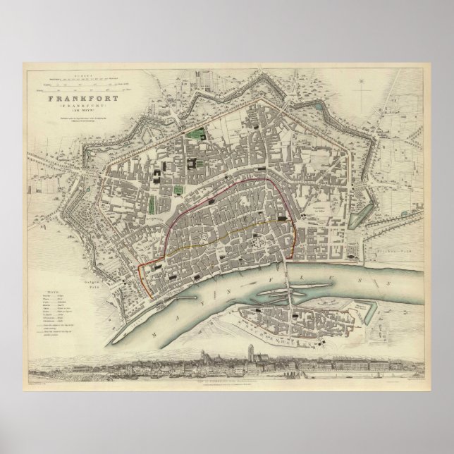 Póster Mapa de época de Frankfurt Alemania (1837) (Frente)