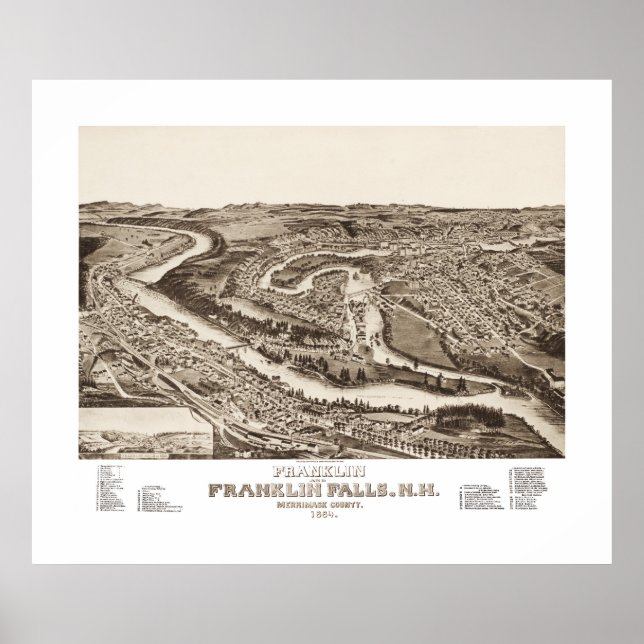 Póster Mapa de época de Franklin NH de 1884 (Frente)