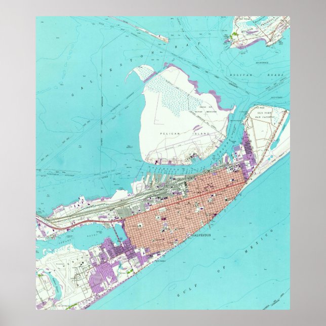 Póster Mapa de época de Galveston Texas (1954) (Frente)