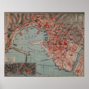 Póster Mapa de época de Génova Italia (1894)
