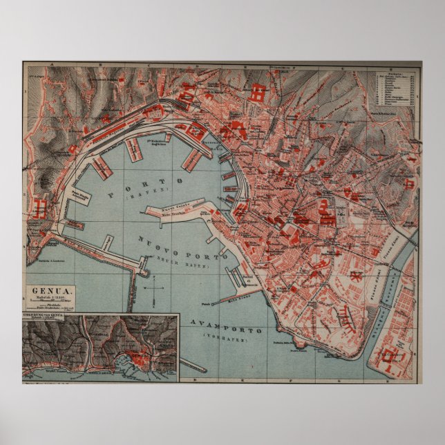 Póster Mapa de época de Génova Italia (1894) (Frente)