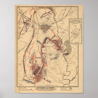 Póster Mapa de época de Gettysburg y sus alrededores, jul