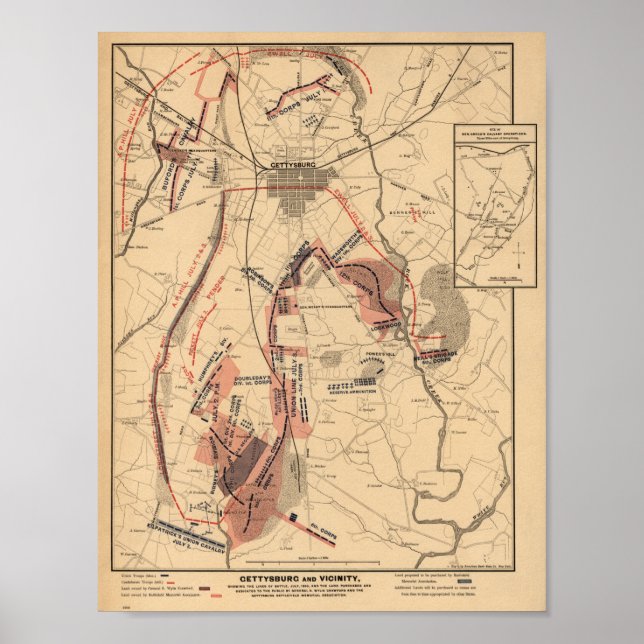 Póster Mapa de época de Gettysburg y sus alrededores, jul (Frente)