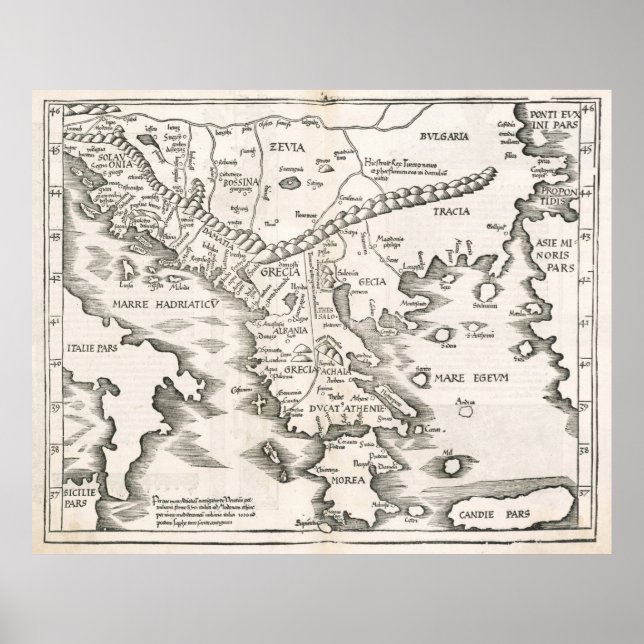 Póster Mapa de época de Grecia (1525) (Frente)