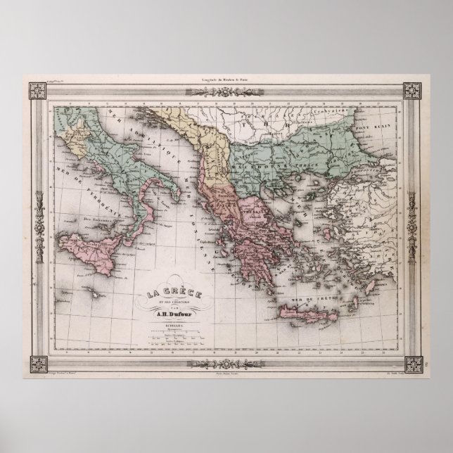 Póster Mapa de época de Grecia e Italia (1852) (Frente)