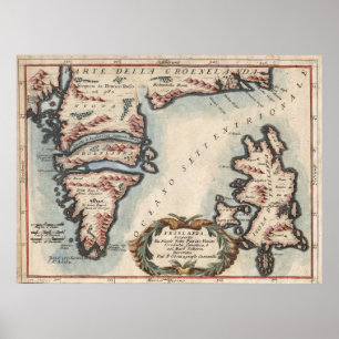 Póster Mapa de época de Groenlandia e Islandia (1694)