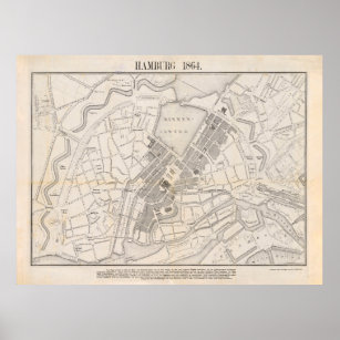 Póster Mapa de época de Hamburgo Alemania (1864)