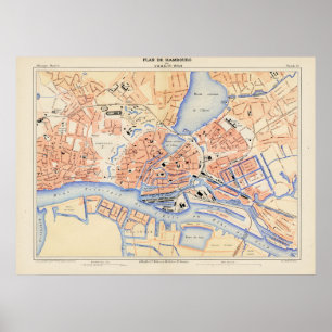 Póster Mapa de época de Hamburgo Alemania (1888)