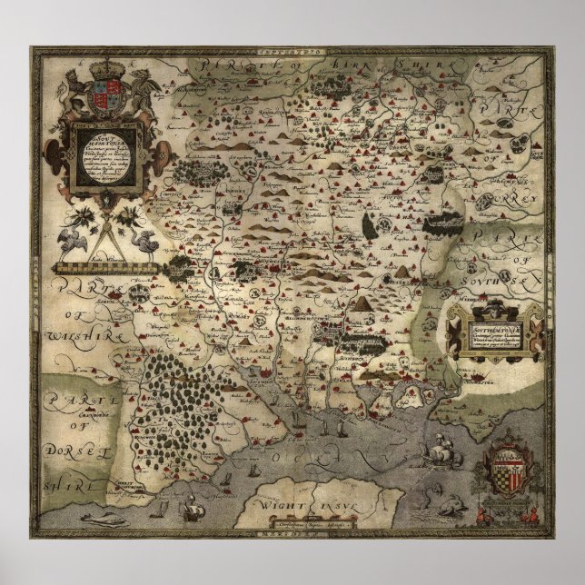 Póster Mapa de época de Hampshire Inglaterra (1575) (Frente)