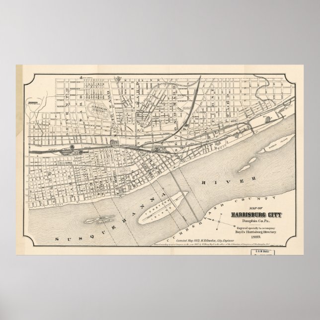 Póster Mapa de época de Harrisburg PA (1877) (Frente)
