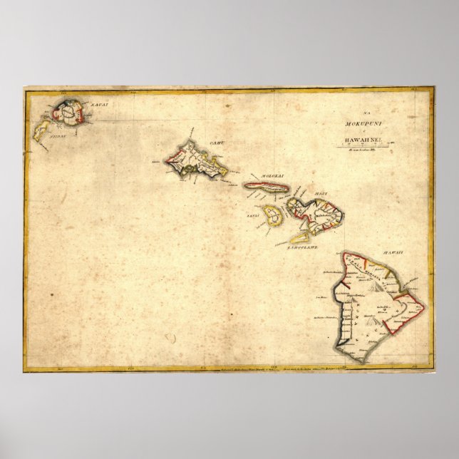 Póster Mapa de época de Hawaii (1837) (Frente)